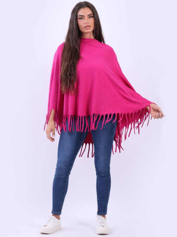 Women's Textured Black Poncho with Fringed Hem