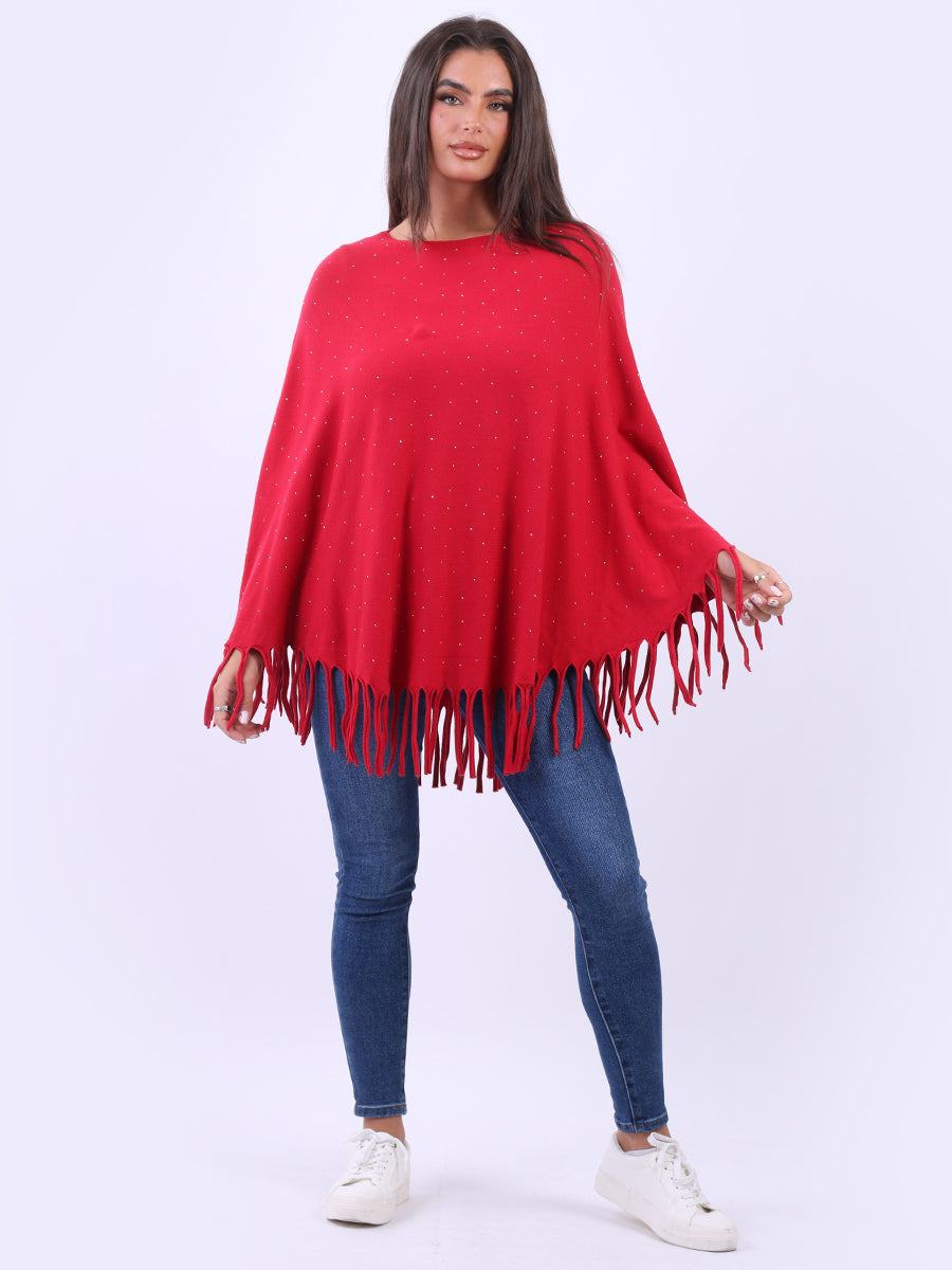 Glittery Women Knitted Poncho Red