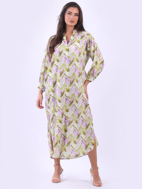 Cotton Long Shirt Dress Lime Green