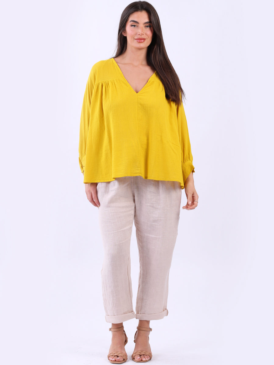 Batwing Cotton Crop Blouse Mustard