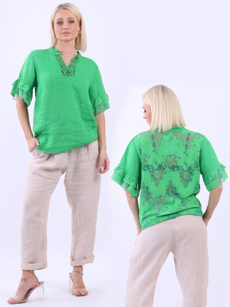 Linen Lagenlook Top Green