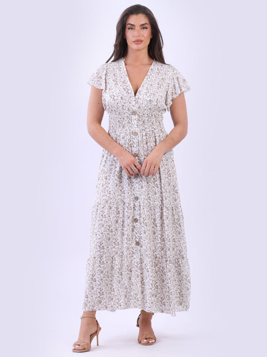 Floral Ruffle Maxi Dress Beige