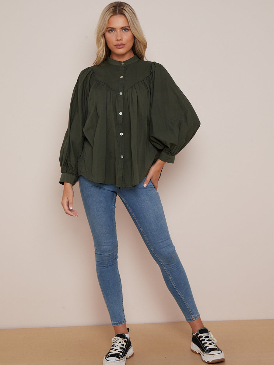 Batwing Cotton Crop Blouse Khaki
