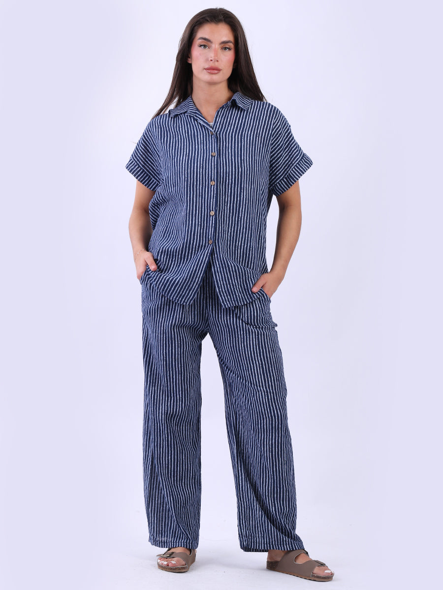 Wide Leg Stripy Cotton Trouser Navy