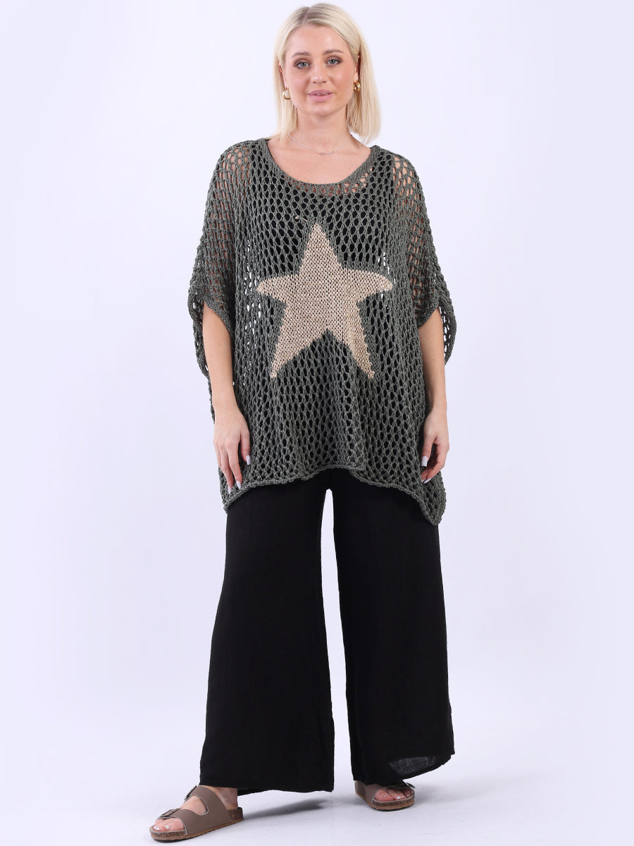 Star Knit Crochet Cotton Top Khaki