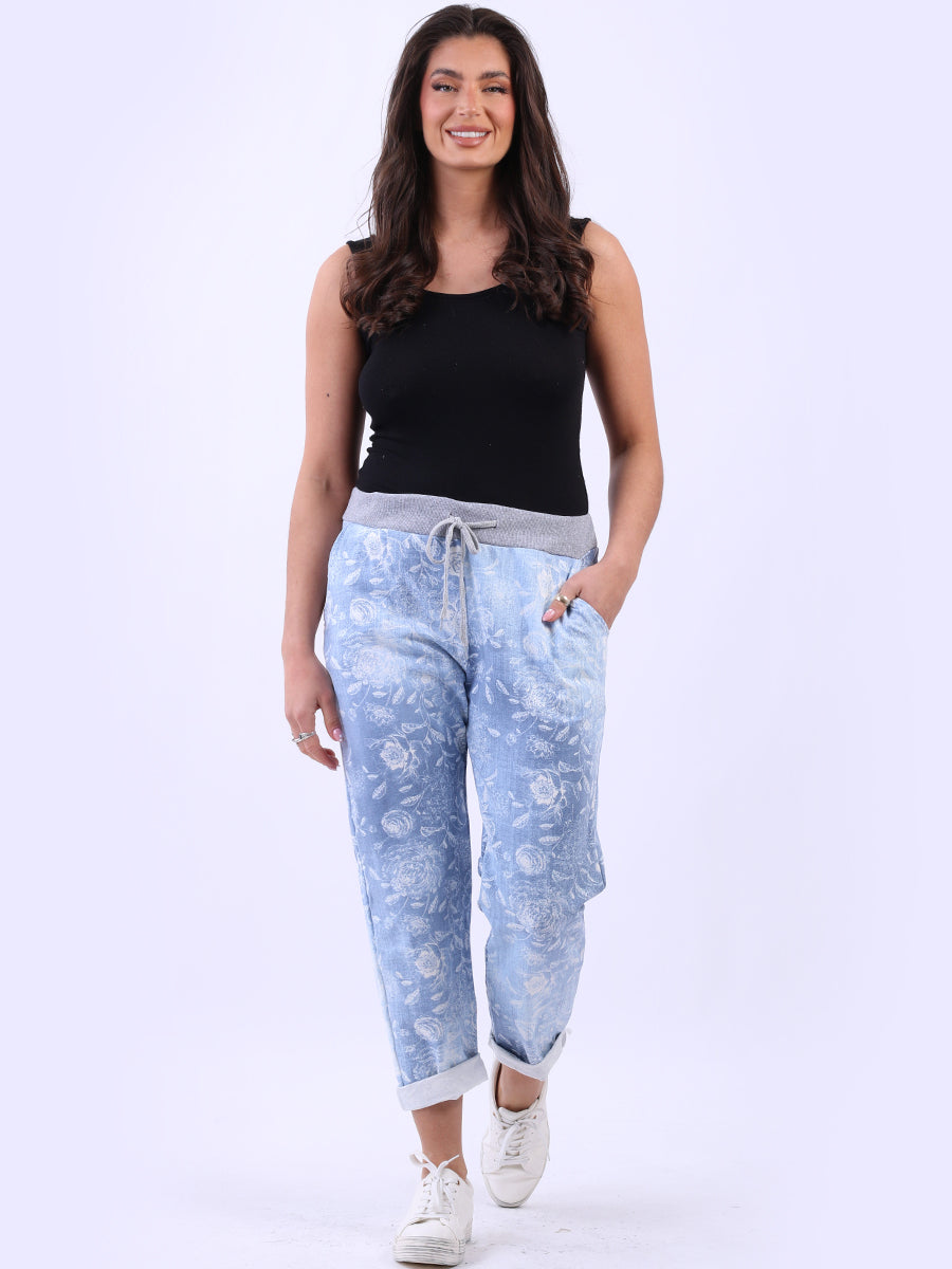 Cotton Floral Ladies Trouser Light Denim