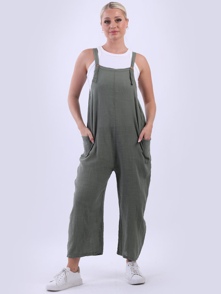 Wide Leg Cotton Dungaree Khaki
