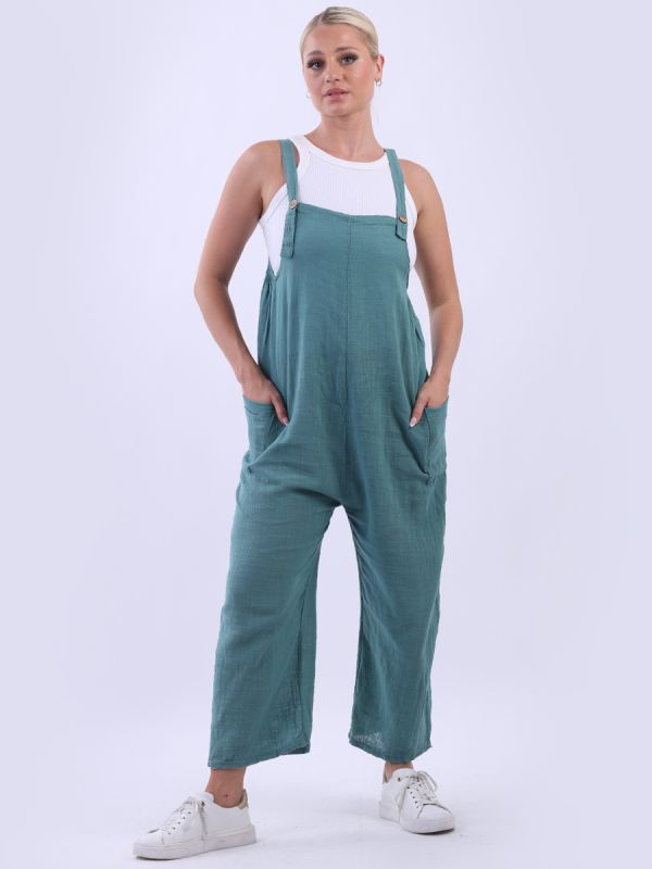Wide Leg Cotton Dungaree Ocean Blue