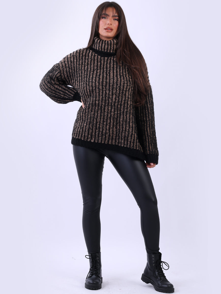 Cowl Neck Knitted Wool Striped Jumper Black