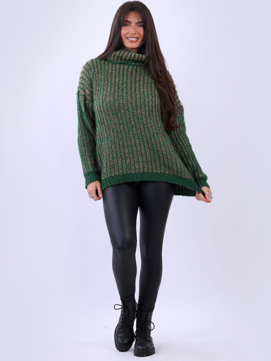 Cowl Neck Knitted Wool Striped Jumper Green