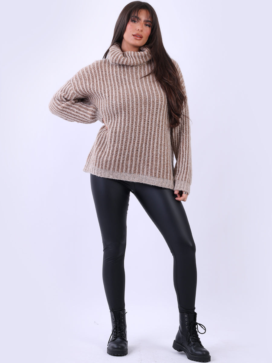 Cowl Neck Knitted Wool Striped Jumper Mocha