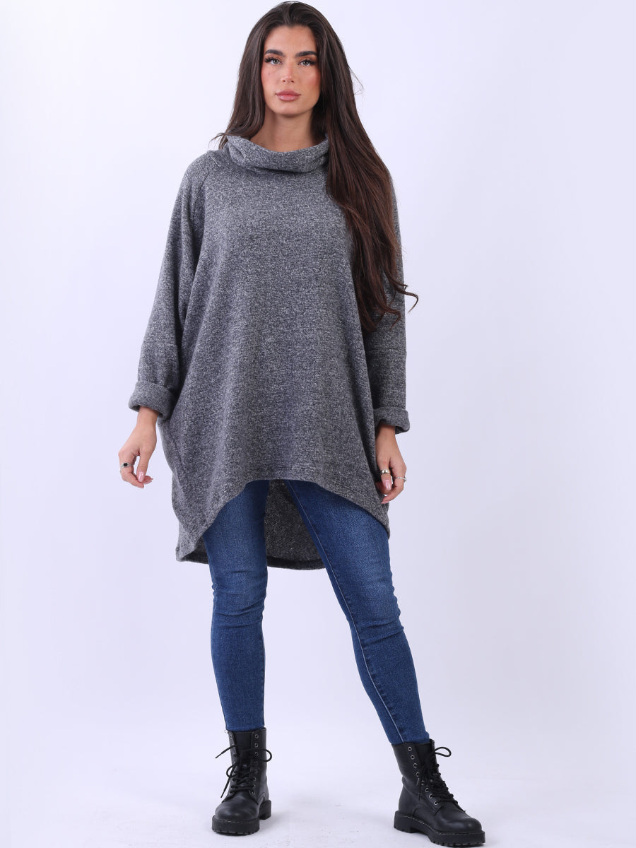 Cowl Neck Cotton Batwing Top Dark Grey