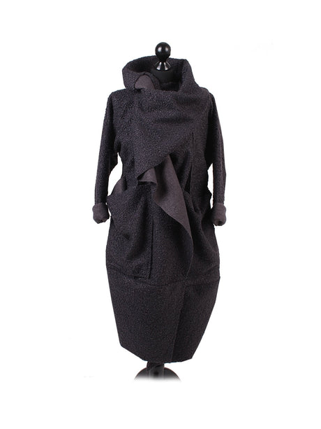 Cowl Neck Woolen Oversized Coat Charcoal