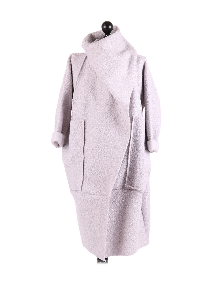 Cowl Neck Woolen Oversized Coat Silver