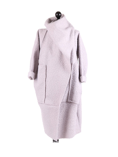Cowl Neck Woolen Oversized Coat Silver