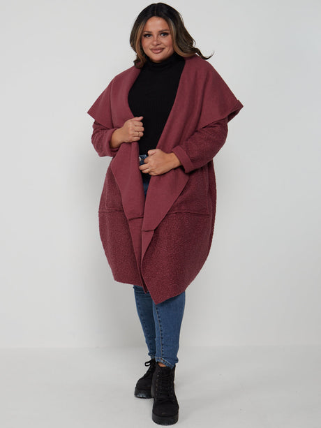 Cowl Neck Woolen Oversized Coat Cherry