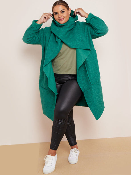 Cowl Neck Woolen Oversized Coat Green