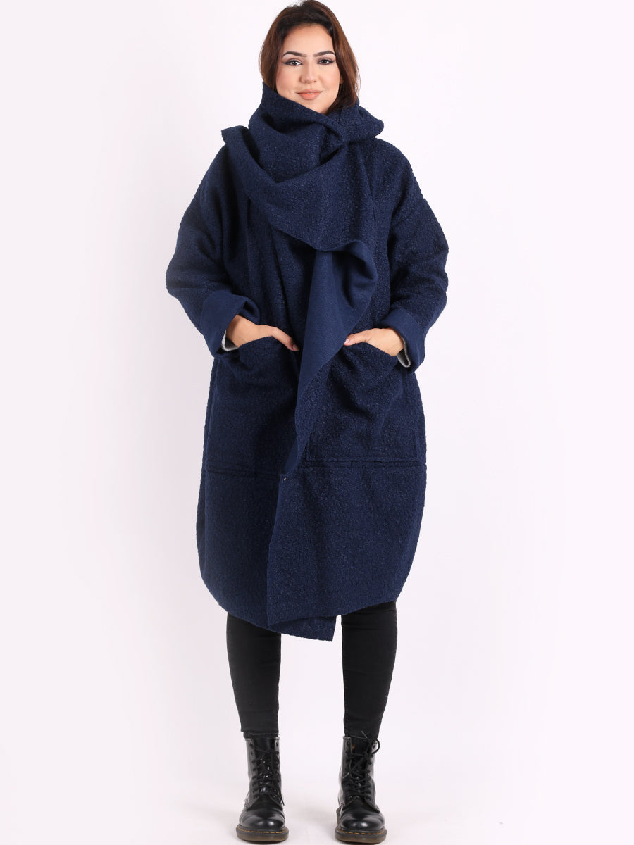 Cowl Neck Woolen Oversized Coat Navy