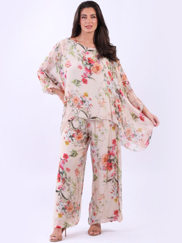 Batwing Floral Silk Tunic Top Beige