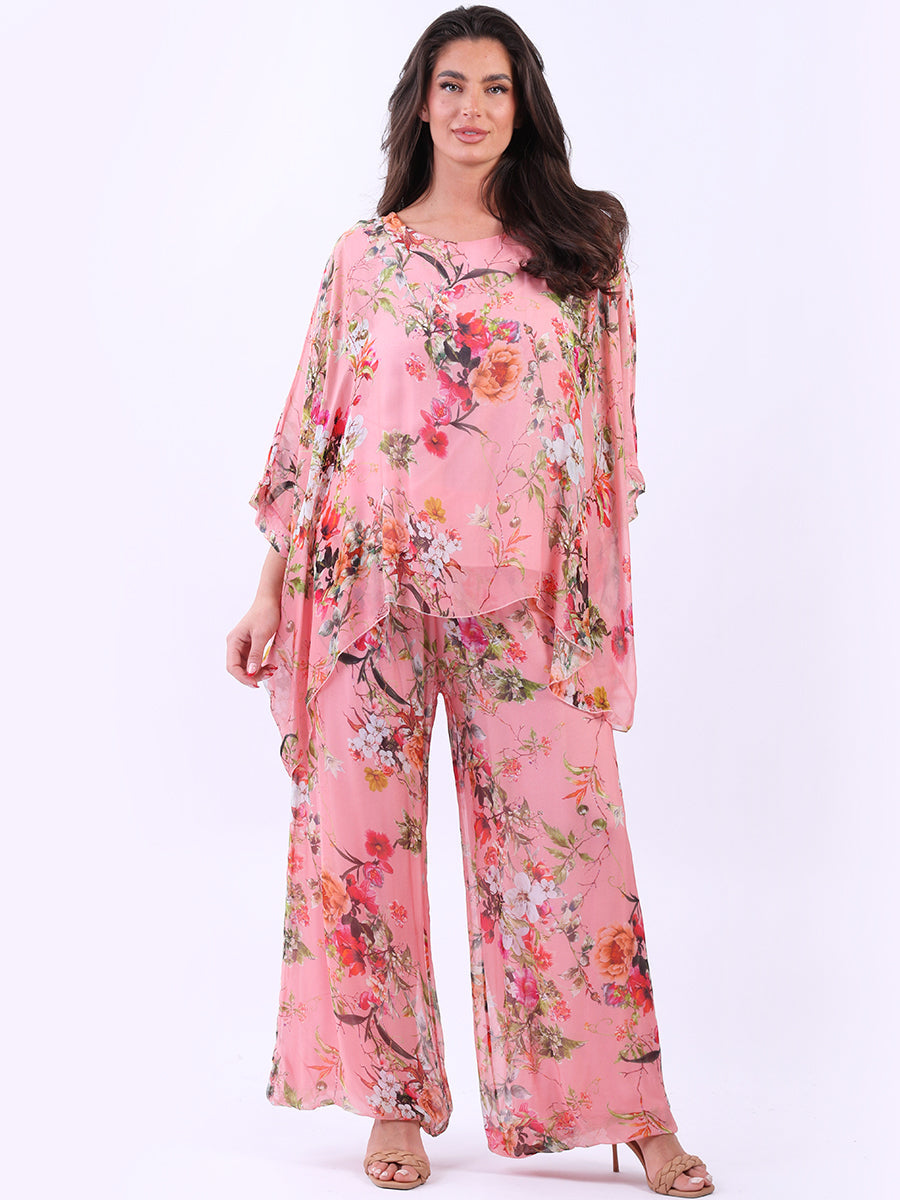 Batwing Floral Silk Tunic Top Pink