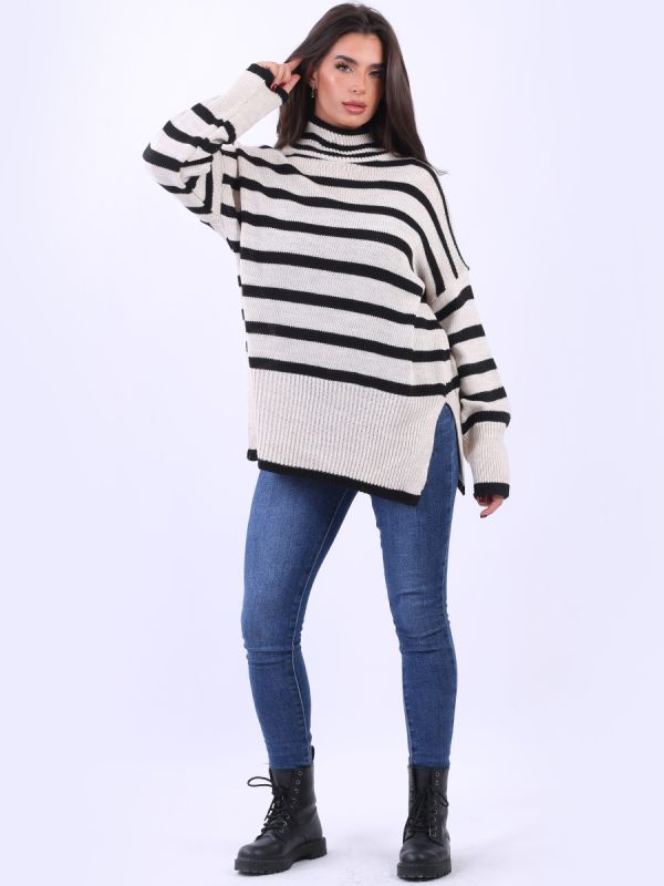 Women Stripy Woolen Jumper Beige