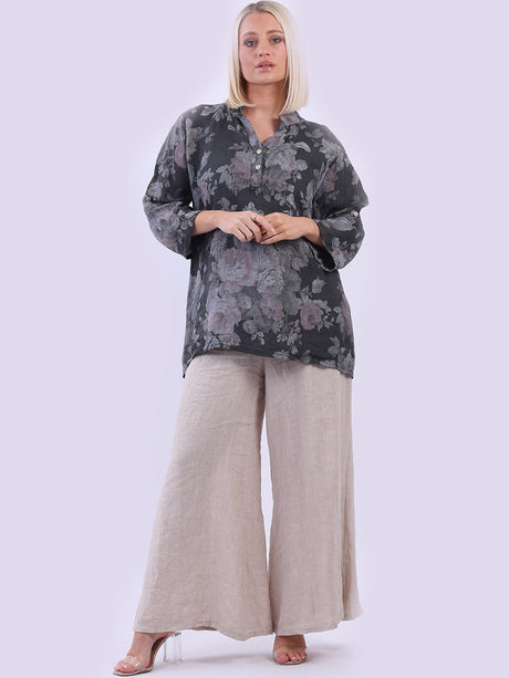 Floral Linen Lagenlook Top Charcoal