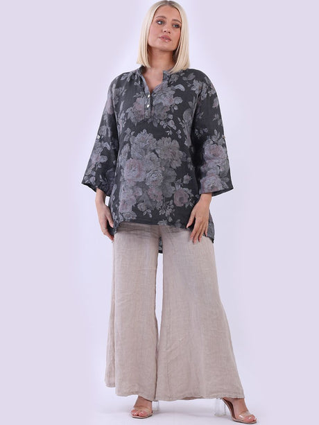 Floral Linen Lagenlook Top Charcoal