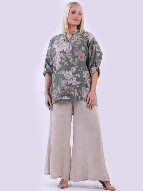 Floral Linen Lagenlook Top Khaki