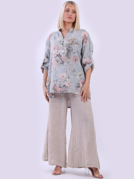 Floral Linen Lagenlook Top Silver
