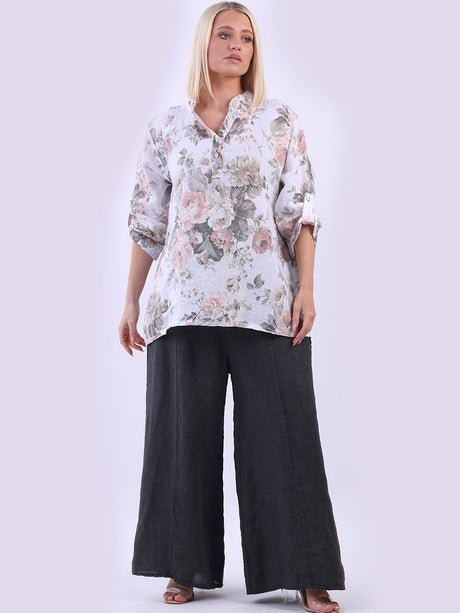 Floral Linen Lagenlook Top White