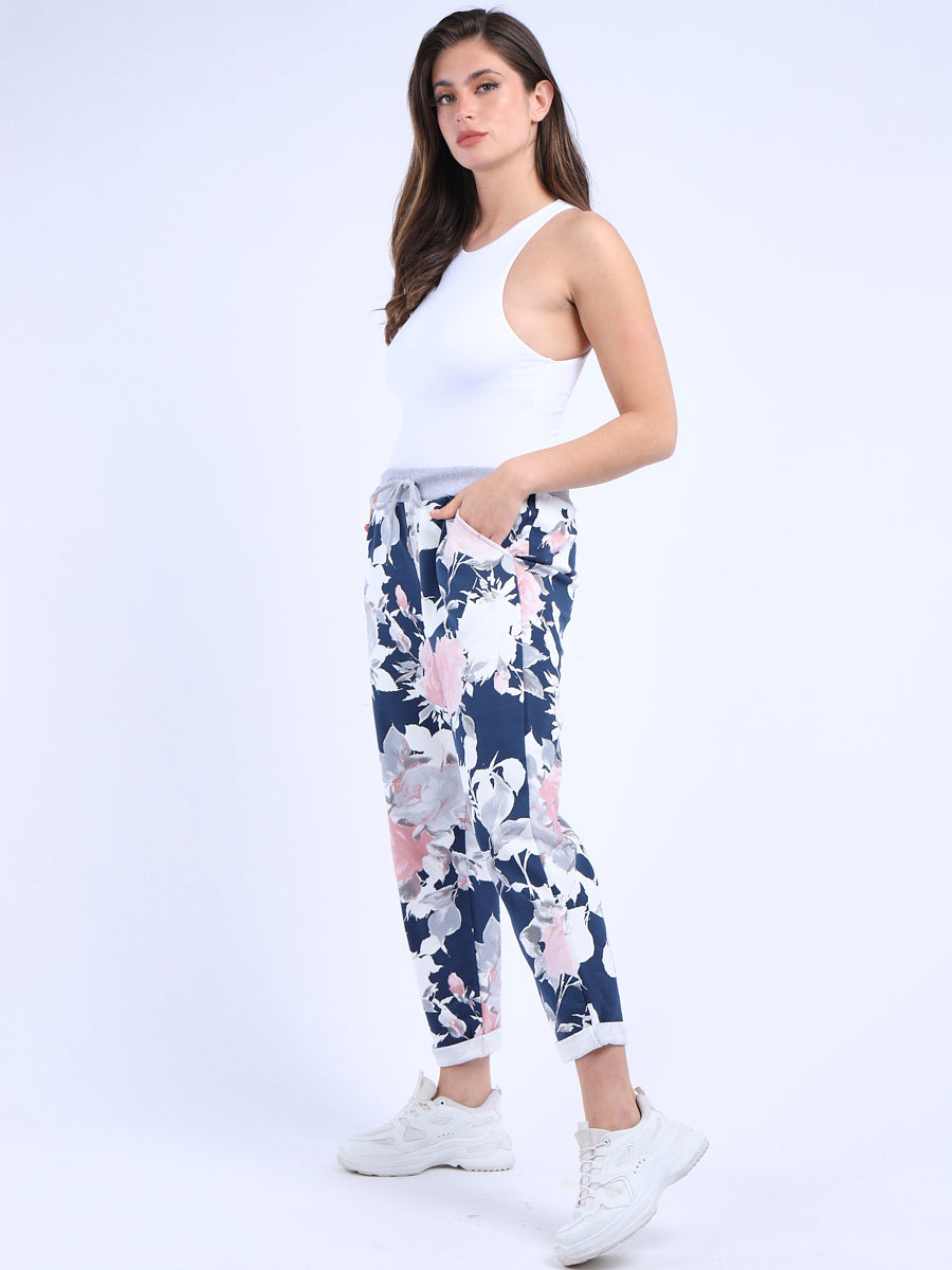 Italian Floral Print Cotton Women Slouch Joggers-Navy
