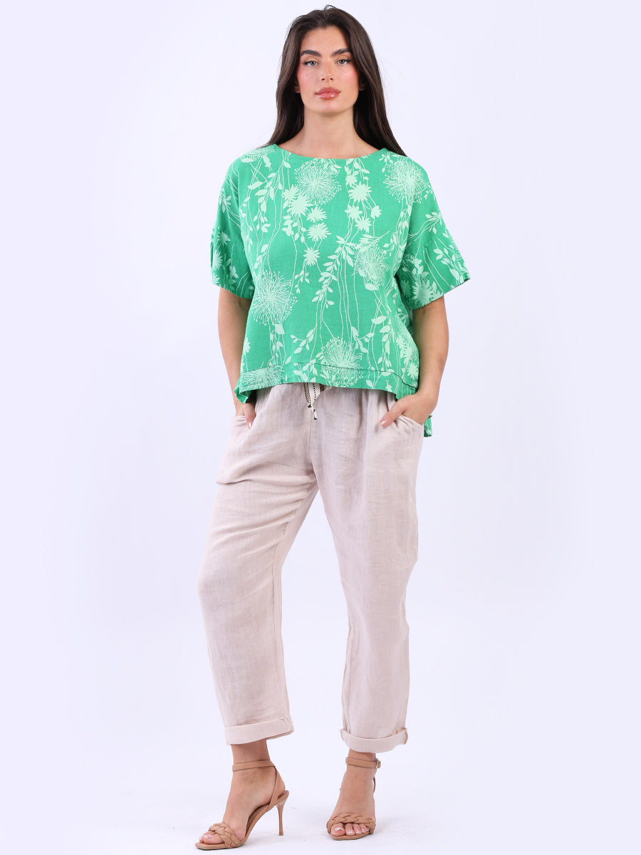 Floral Linen Crop Top Green