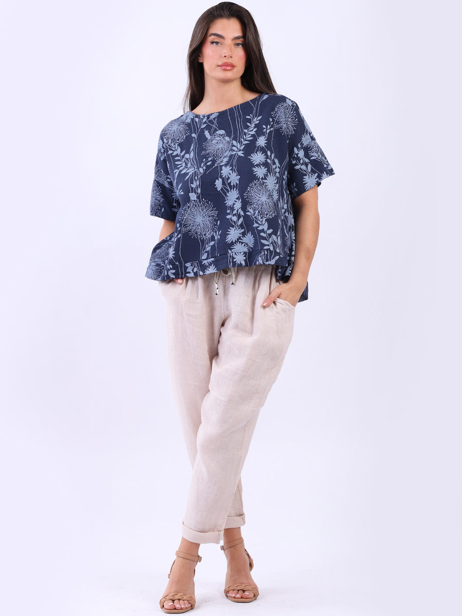 Floral Linen Crop Top Navy