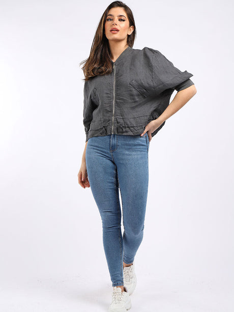 Linen Crop Zipper Jacket Charcoal