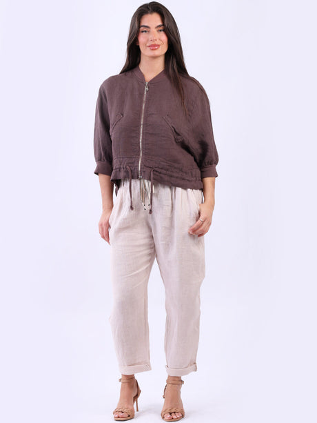 Linen Crop Zipper Jacket Chocolate