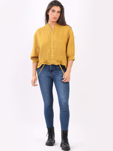 Linen Crop Zipper Jacket Mustard