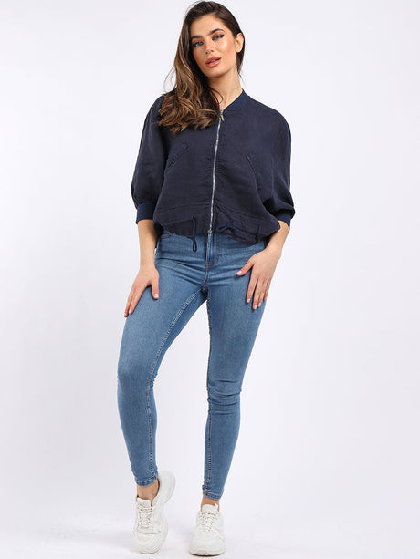 Linen Crop Zipper Jacket Navy