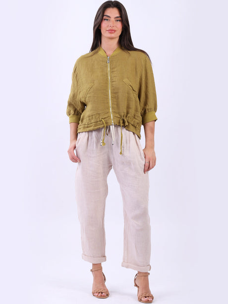 Linen Crop Zipper Jacket Olive