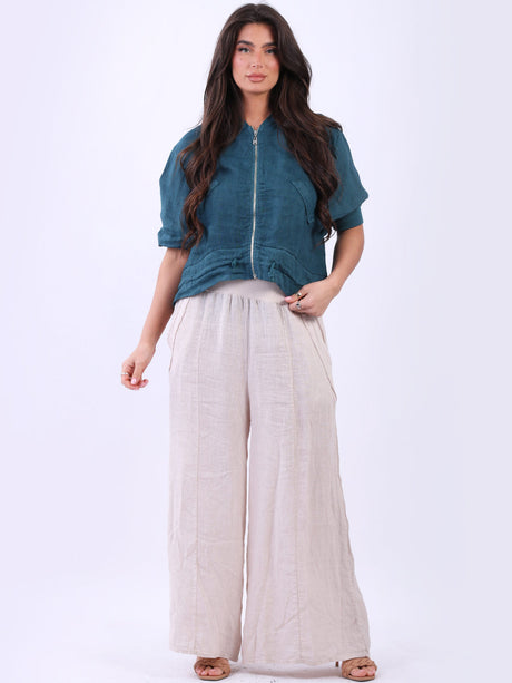 Linen Crop Zipper Jacket Teal