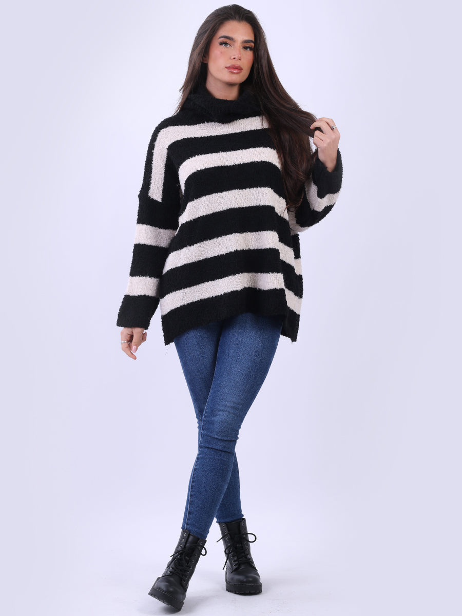 Knitted Cowl Neck Stripy Woolen Top Black