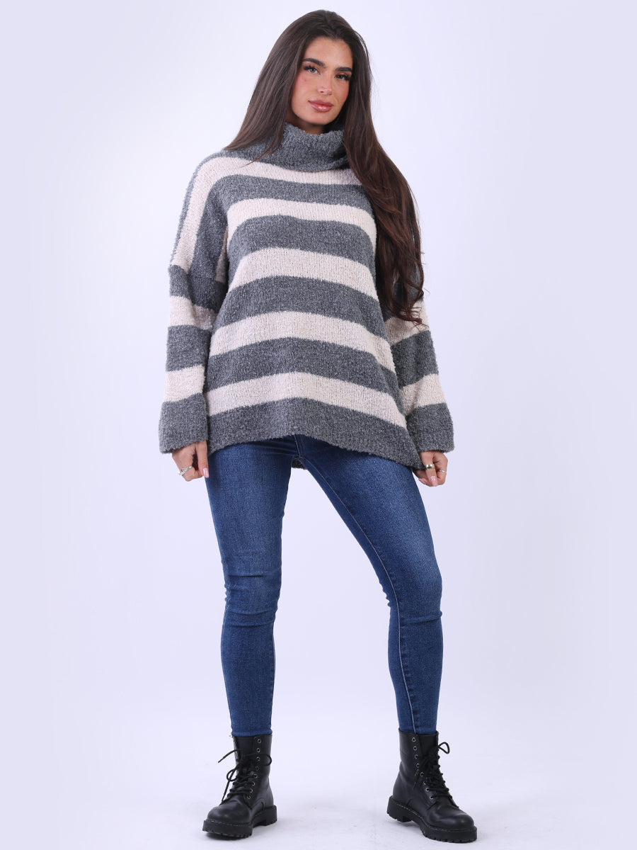 Knitted Cowl Neck Stripy Woolen Top Grey