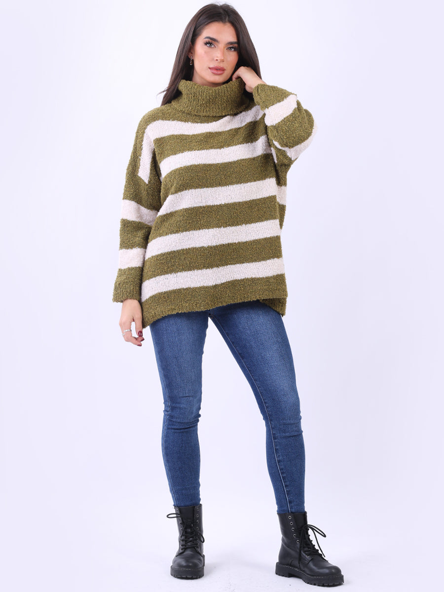 Knitted Cowl Neck Stripy Woolen Top Olive