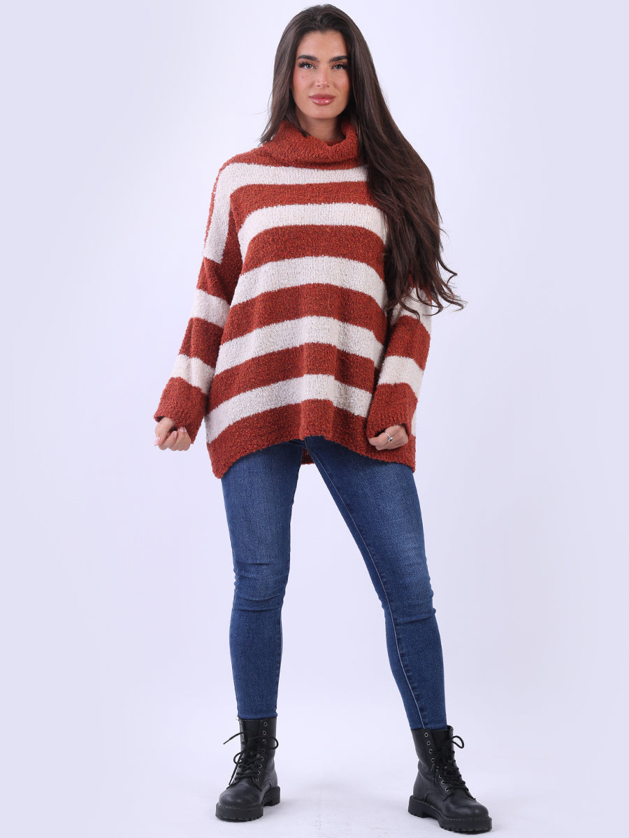 Knitted Cowl Neck Stripy Woolen Top Rust