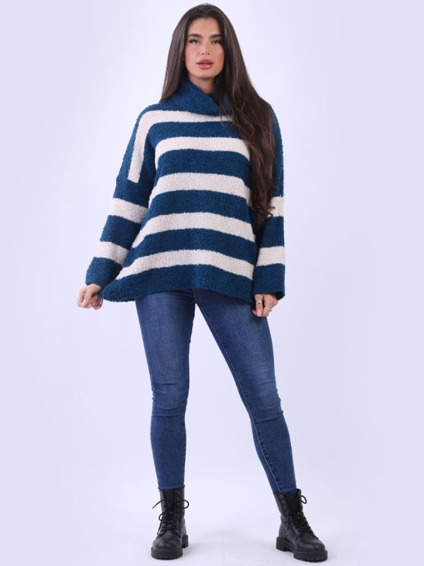 Knitted Cowl Neck Stripy Woolen Top Teal