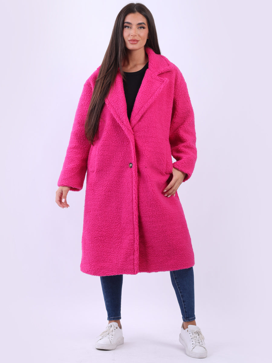 Plus Size Teddy Woolen Coat Fuchsia