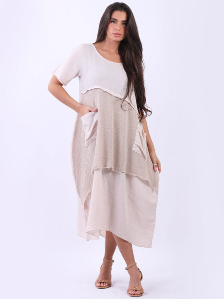Linen Mesh Net Midi Dress Beige