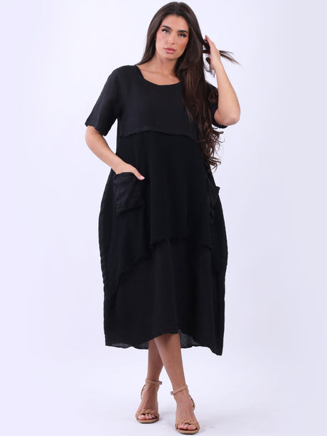 Linen Mesh Net Midi Dress Black