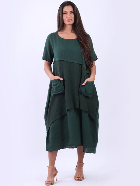 Linen Mesh Net Midi Dress Bottle Green
