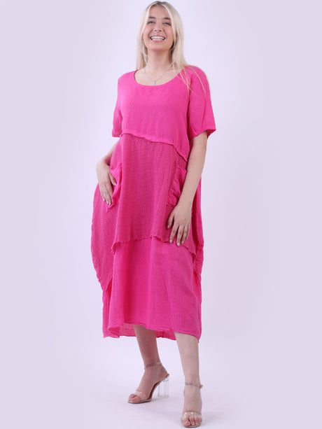 Linen Mesh Net Midi Dress Fuchsia