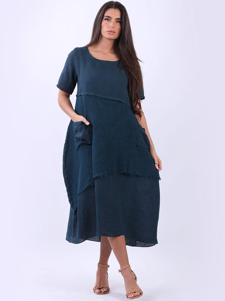 Linen Mesh Net Midi Dress Teal